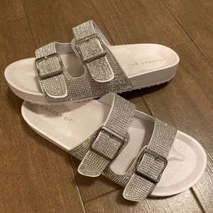 BLING Madden Girl slides white with silver buckle clear gems.